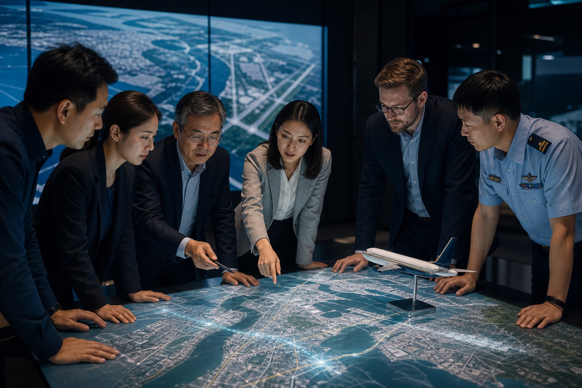 Asian aviation, government and industry professionals developing a project together